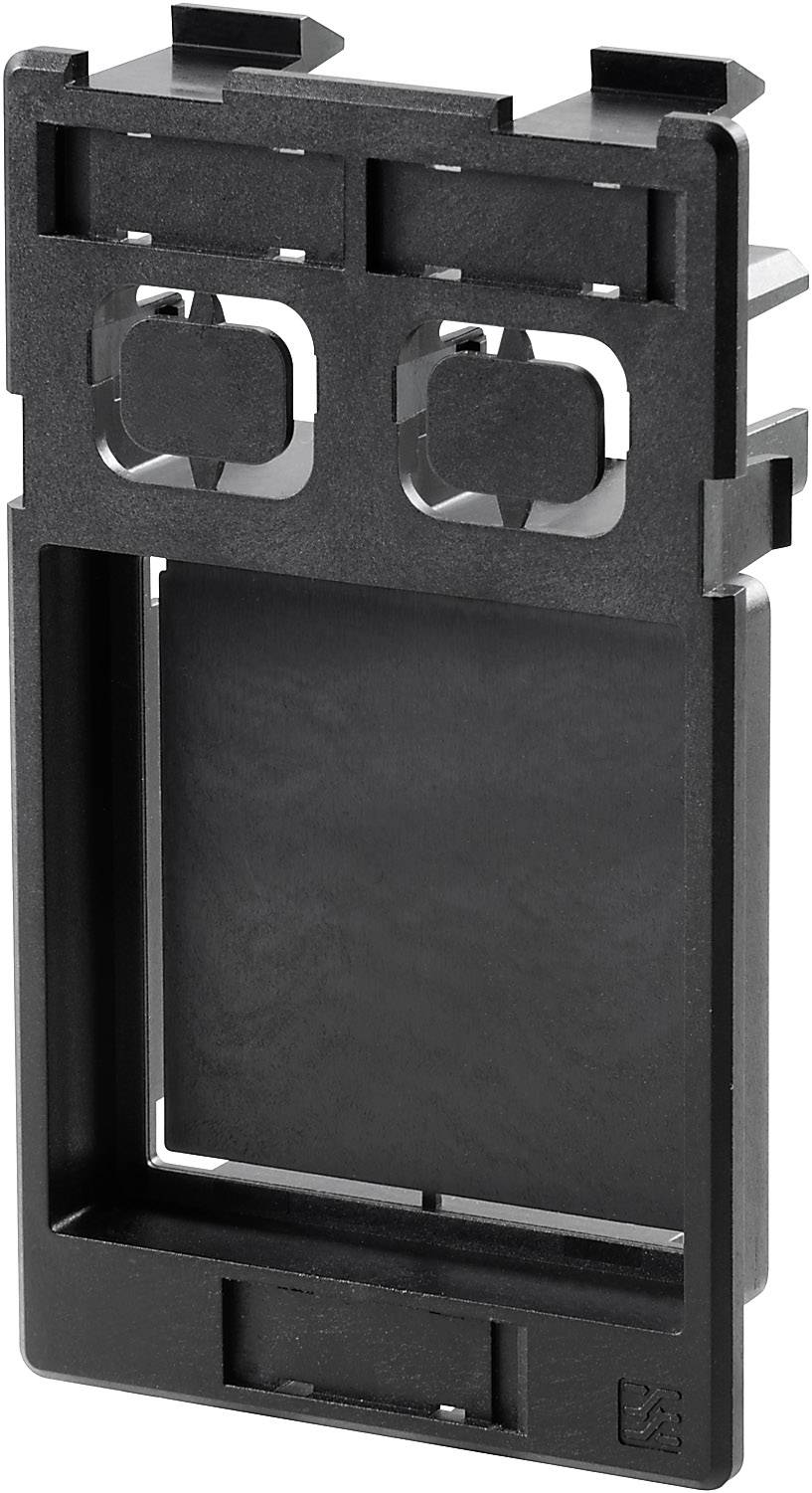 Ein schwarzes Kunststoffbauteil mit rechteckigen Aussparungen und Halterungen, geeignet für den Einsatz in mechanischen oder elektrischen Konstruktionen.