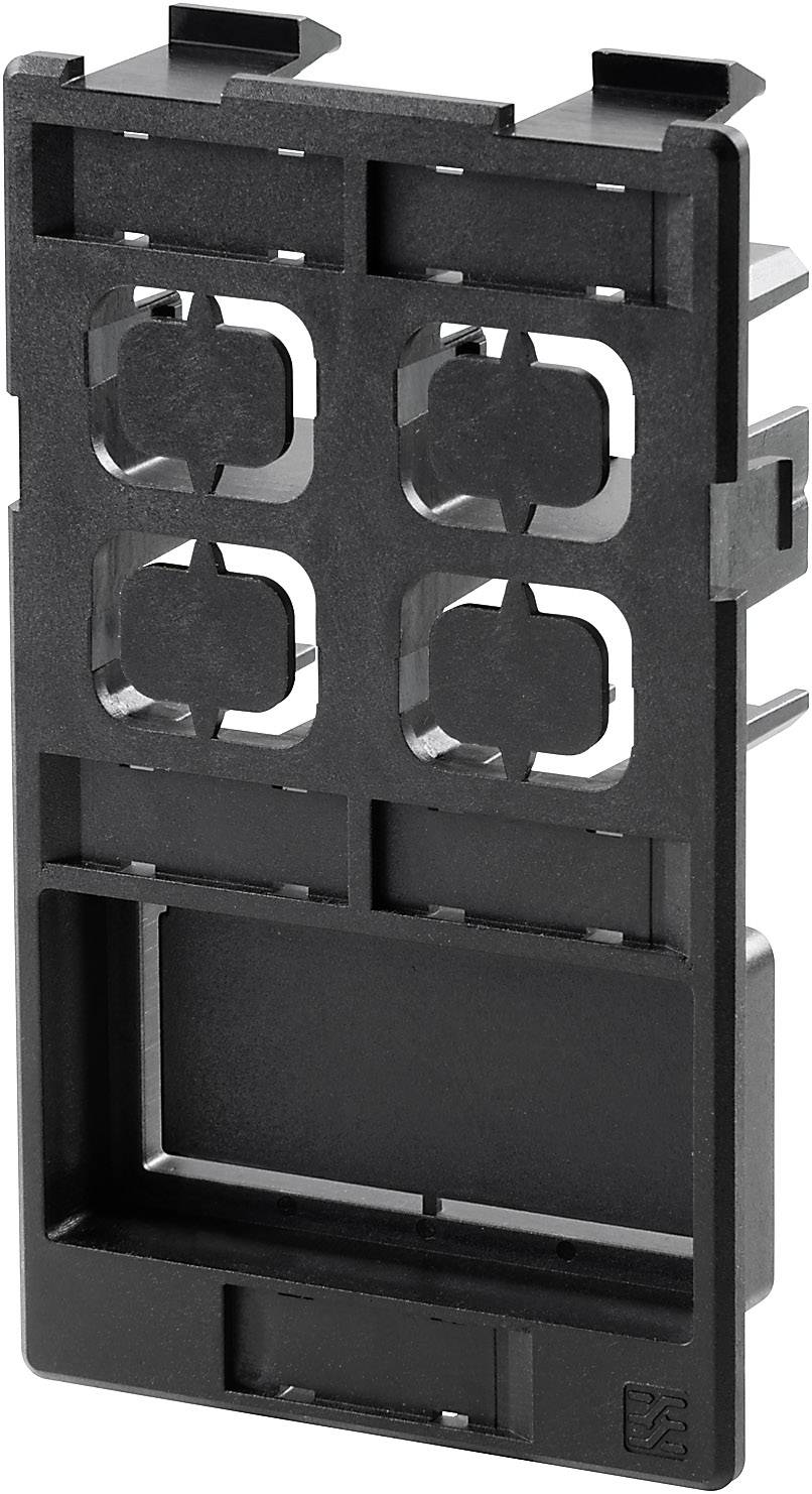 Schwarzer Kunststoffhalter mit vier quadratischen Aussparungen, für die Aufnahme verschiedener Module konzipiert.