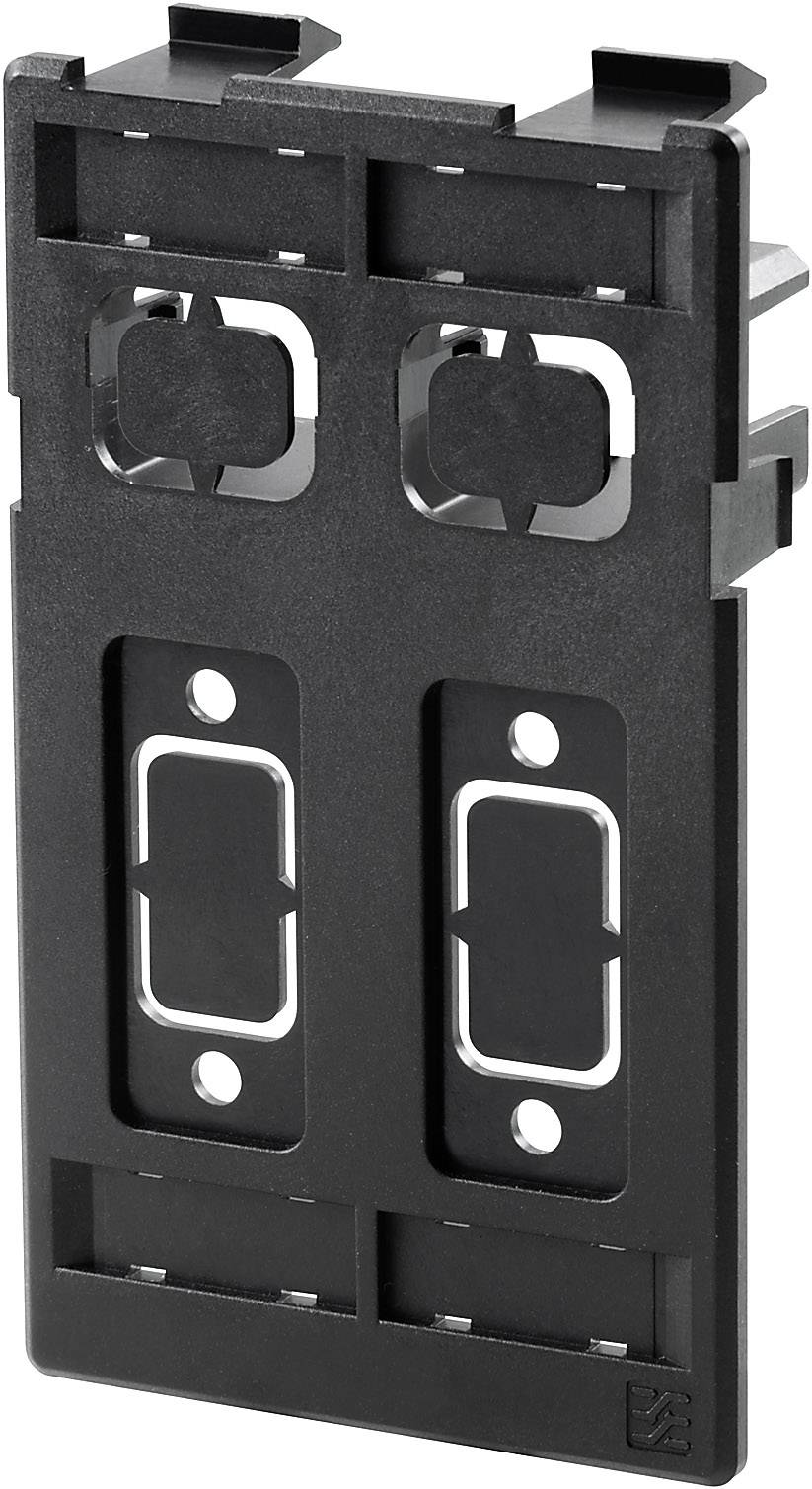 Schwarze Kunststoffhalterung für die Montage von elektrischen Steckverbindungen oder ähnlichen Komponenten, mit zwei rechteckigen Ausschnitten.