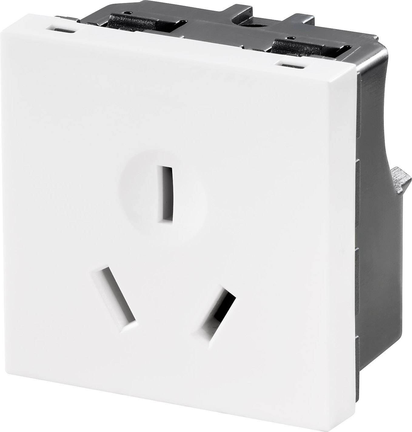 Weiße elektrische Steckdose mit einem erdungslosem 3-Pin-Design, geeignet für bestimmte internationale Standards.