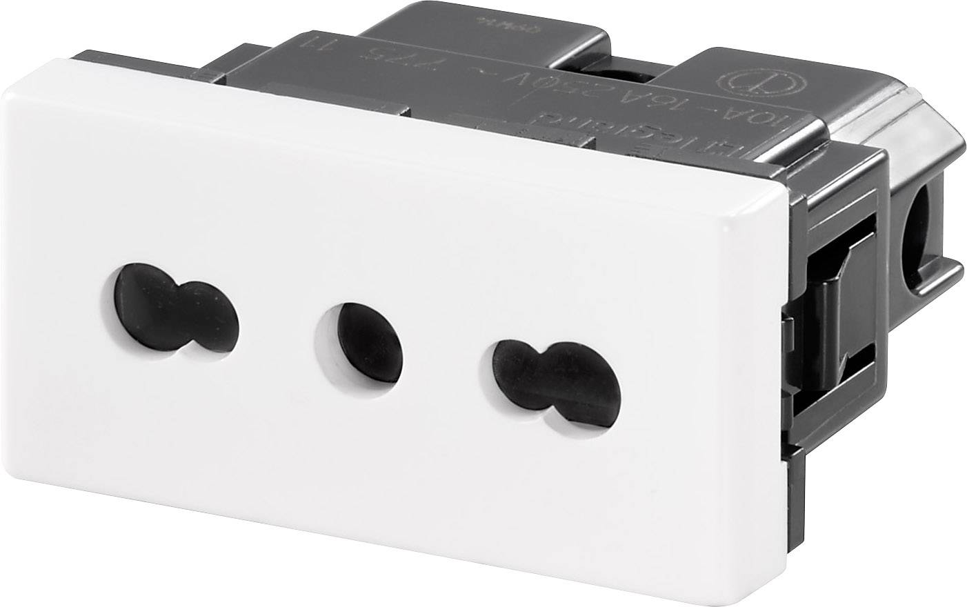 Weiße Steckdosenleiste mit drei Löchern, geeignet für verschiedene Stecker. Quadratische Form, schwarze Einsätze zur Stabilisierung.