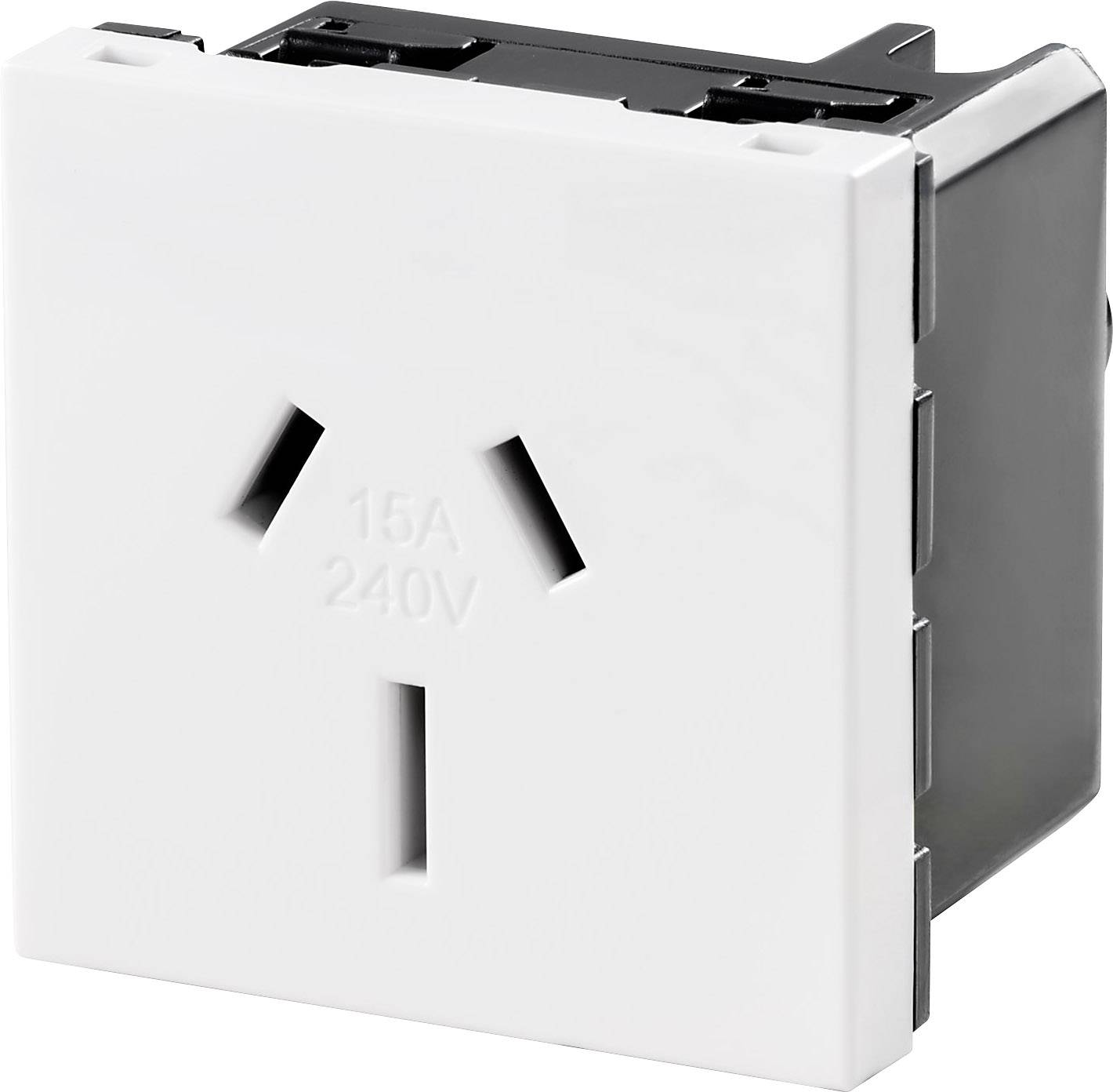 Weißer Steckdosenadapter mit der Aufschrift '15A 240V' und zwei Schlitzen für Stecker.