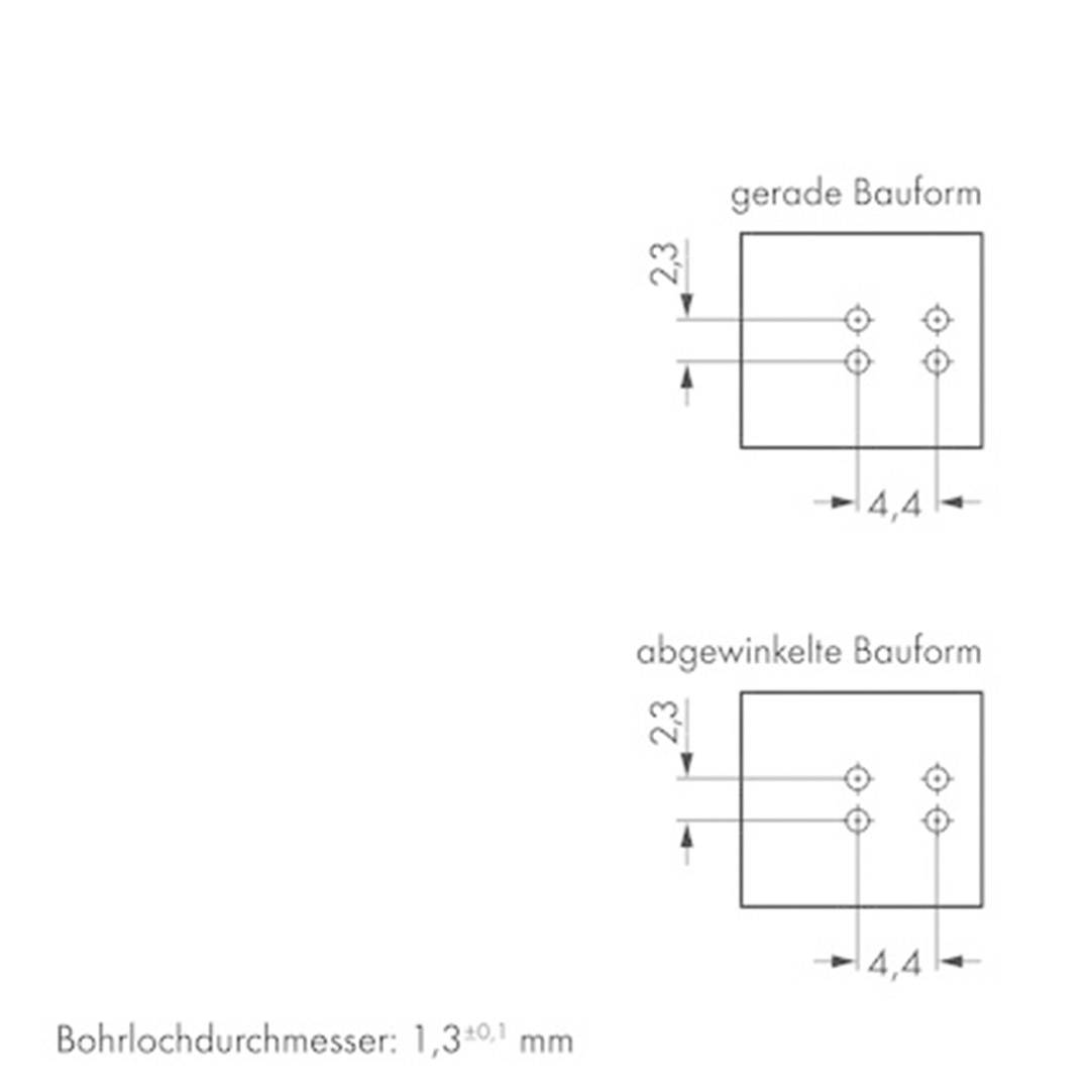 'Bohrlochdurchmesser: 1,3 ±0,1 mm.' Diagramm zeigt zwei Bohrungsanordnungen: oben gerade und unten abgewinkelt, beide mit Maßen markiert.