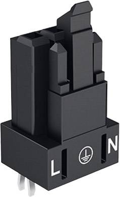 Schwarzer elektronischer Stecker mit drei Kontakten, mit Markierungen 'L', Erdungssymbol und 'N'. Verwendet für Verbindungen.