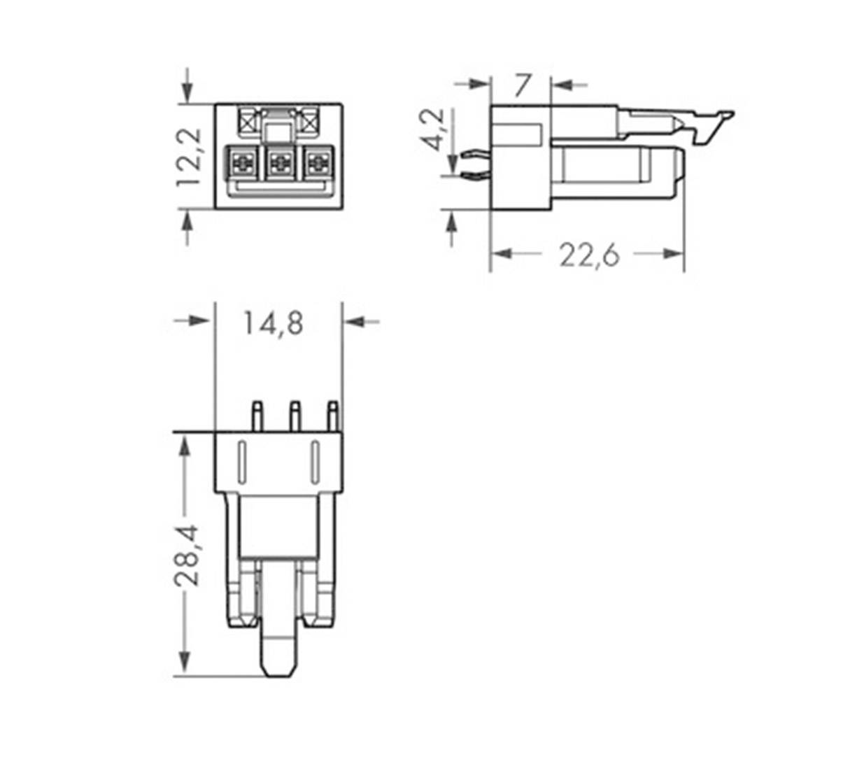 Technische Zeichnung eines Steckverbinders mit Maßen: oben 12,2 x 7 mm, Seitenansicht 22,6 mm Länge und 4,2 mm Höhe, Vorderansicht 28,4 mm hoch.