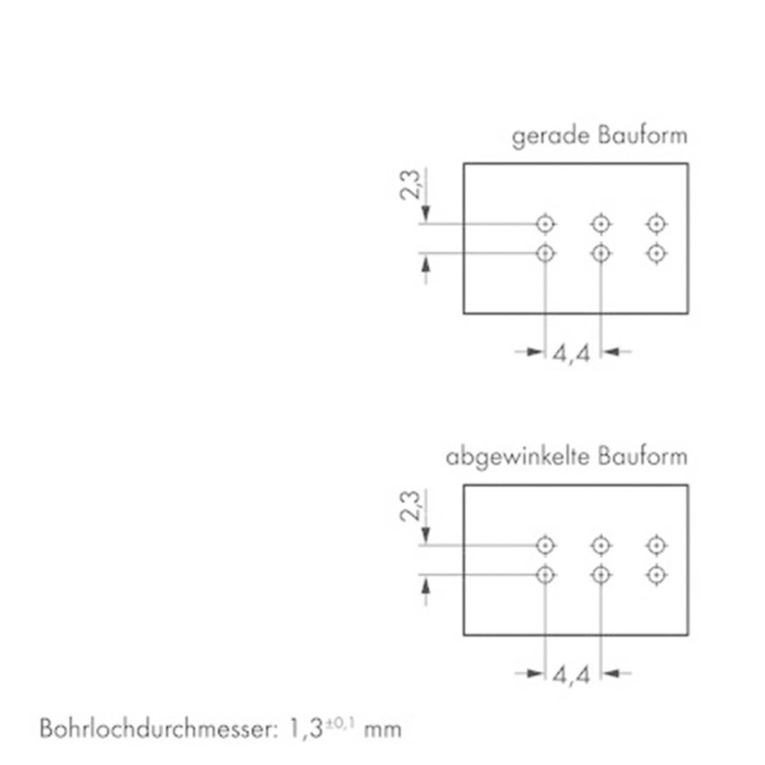 Zwei Layouts von Bauteilen: oben gerade mit Lochabstand 4,4 mm; unten abgewinkelt. Beide haben 2,3 mm Abstand zur Kante.