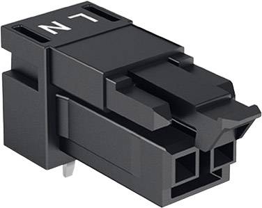 Ein schwarzer elektrischer Steckverbinder mit den Beschriftungen 'L' und 'N', die die Anschlüsse für Phase und Neutralleiter kennzeichnen.
