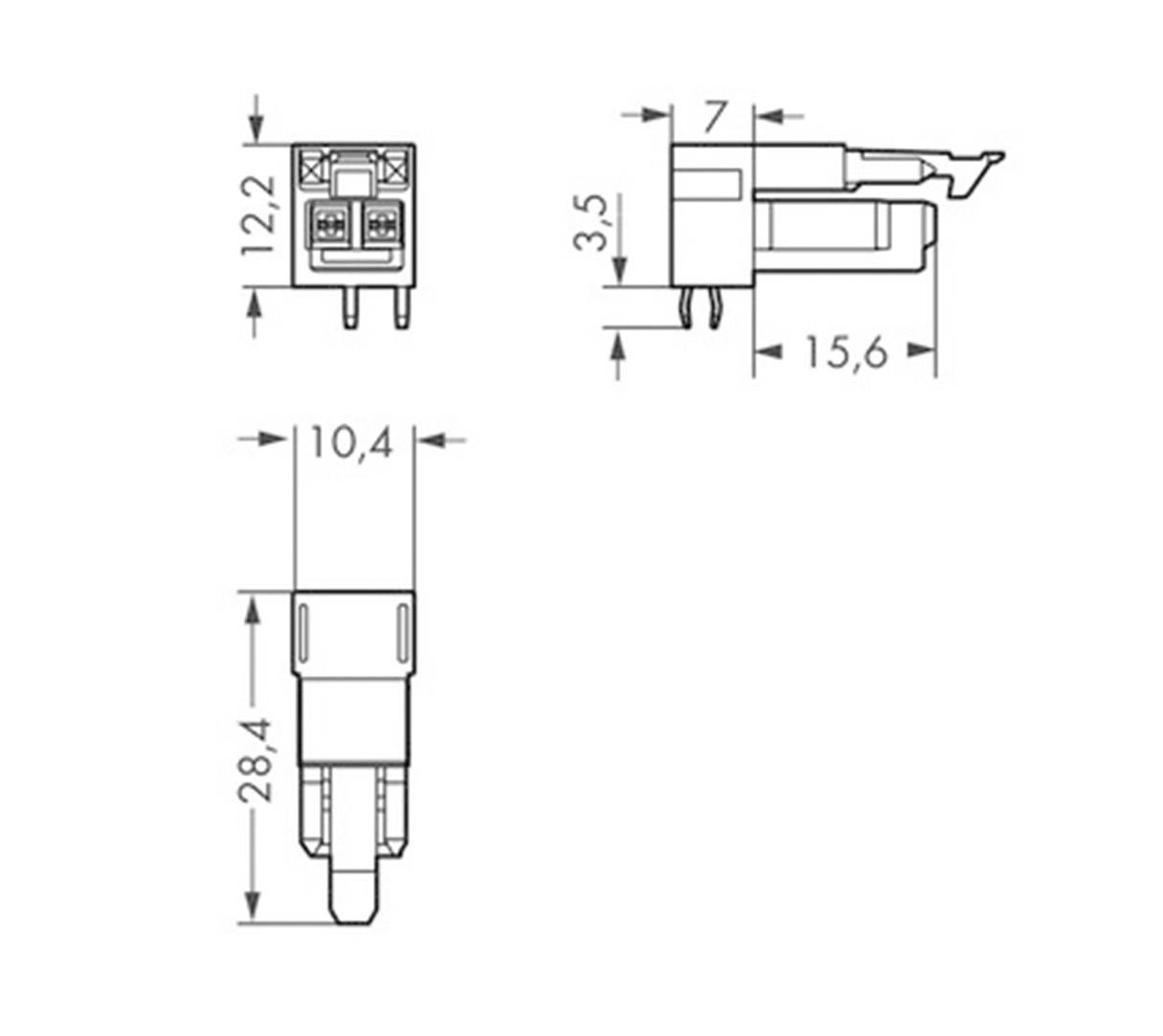Schaltplan eines Steckverbinders mit Maßen: Breite 10,4 mm, Höhe 28,4 mm. Draufsicht 12,2 mm, Seitensicht 15,6 mm lang, 3,5 mm hoch.