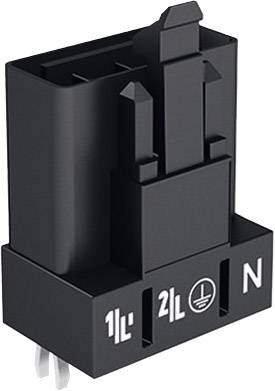 Schwarzer elektrischer Steckverbinder mit Aufschrift '1 L', '2 L', Erdungssymbol und 'N' an der Unterseite.