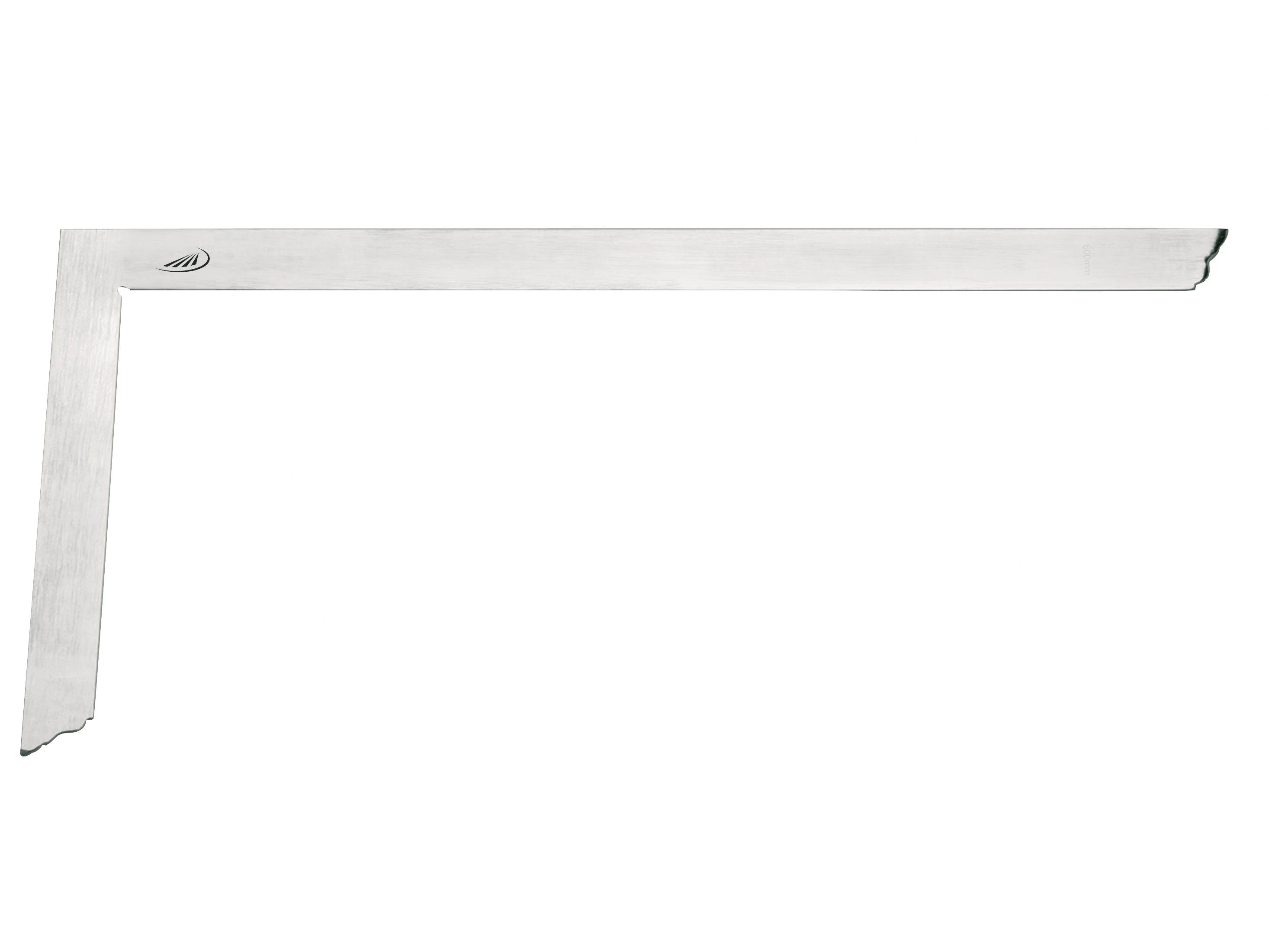 Ein silbernes Zimmermannsdreieck aus Metall mit großem rechten Winkel, verwendet zum Messen und Anzeichnen in der Holzbearbeitung.