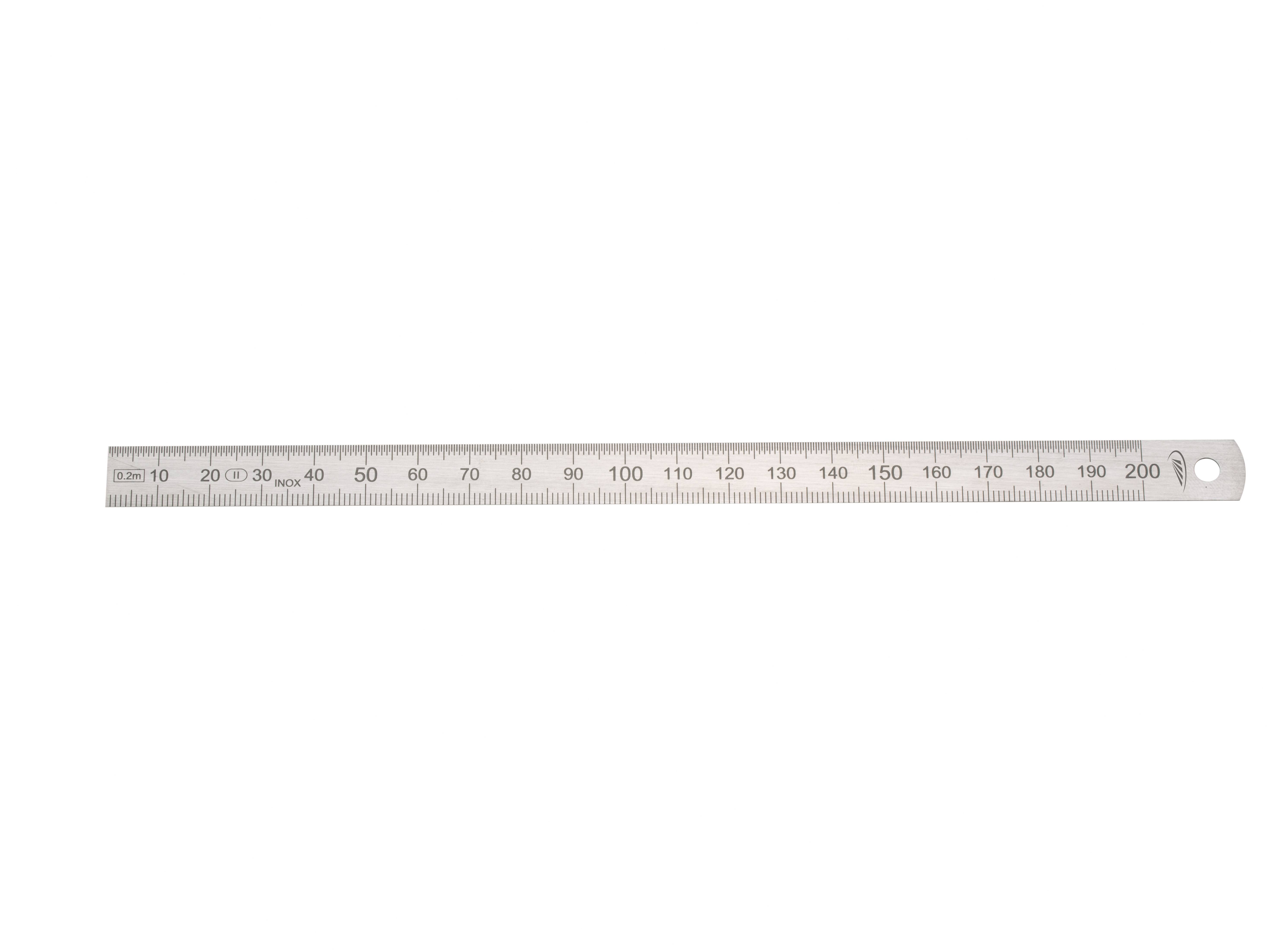Ein 200-mm-Metalllineal mit Zentimeter- und Millimetermarkierungen, liegend in einer horizontalen Ausrichtung.