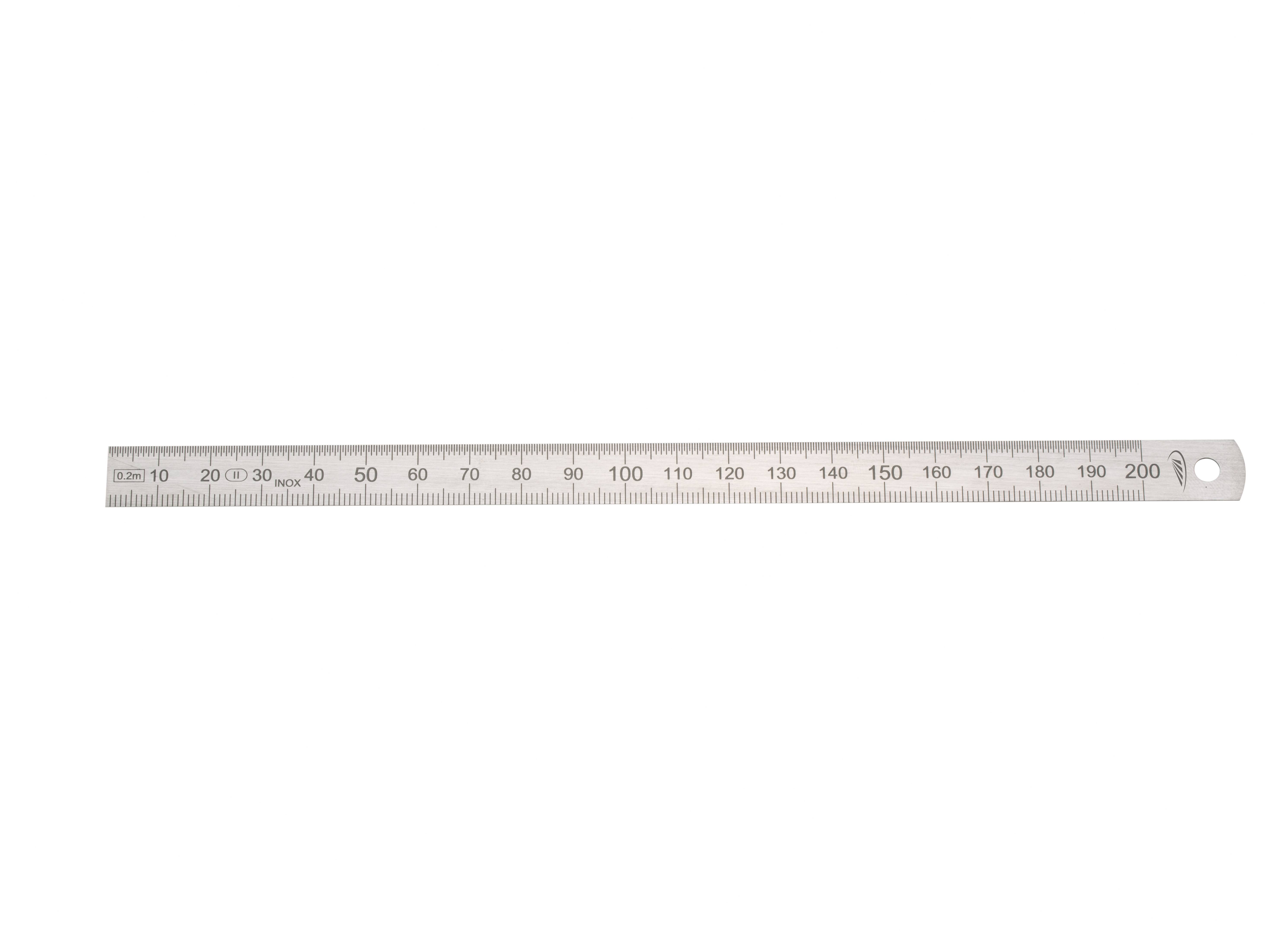 Ein 200 cm langes Metalllineal mit Millimeter- und Zentimeter-Markierungen.