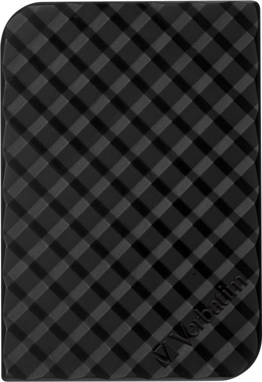 Externe Festplatte, schwarz, mit diagonalen Mustern und Markenlogo in der Ecke.