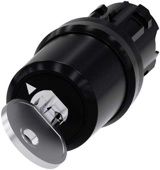 Schwarzes Zylinderschloss mit eingestecktem Schlüssel, seitlich gedreht. Der Schlüssel zeigt in Pfeilrichtung.