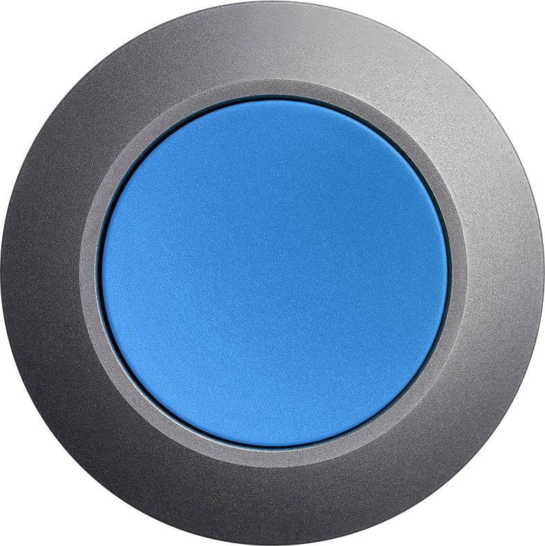 Runder blauer Knopf in metallener Fassung, zentral platziert.