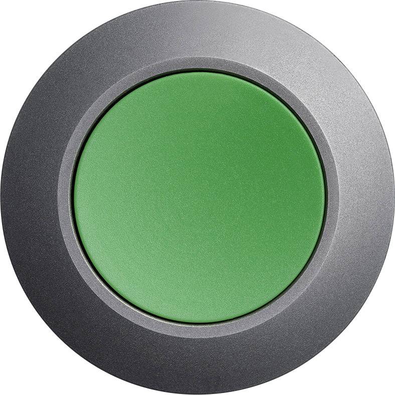 Ein großer, runder, grüner Knopf in der Mitte eines silbernen Rahmens, typisch für ein Start- oder Aktivierungssymbol.