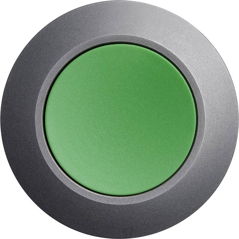 Runder, grüner Knopf mit silbernem Rahmen, häufig verwendet zum Starten oder Bestätigen eines Vorgangs.