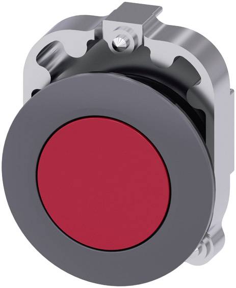 Runder roter Druckknopf auf einer metallischen Platte, möglicherweise Teil eines Maschinenbedienfelds.