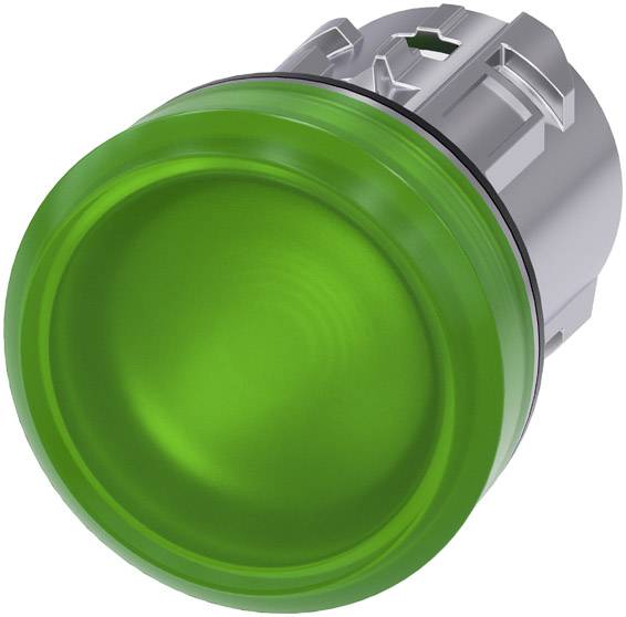 Grüner Knopf, möglicherweise ein Signalgeber oder Schalter, hervorgehoben durch seine leuchtend grüne Farbe und metallische Fassung.