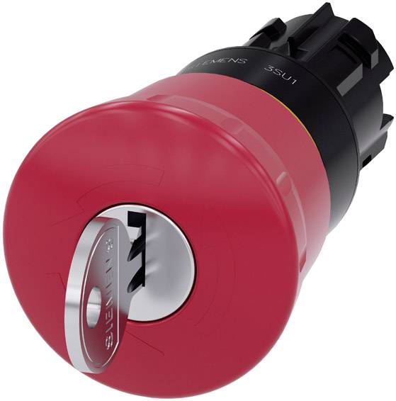 Roter Not-Aus-Druckknopf mit einem integrierten Schloss, oft in Maschinen zur Notabschaltung verwendet; Markenname sichtbar.