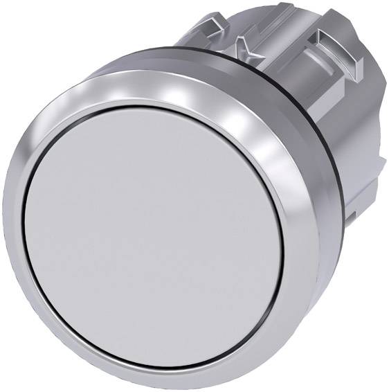 Ein runder Metallknopf in Silber, möglicherweise ein Schalter oder Druckknopf, vor einem weißen Hintergrund.