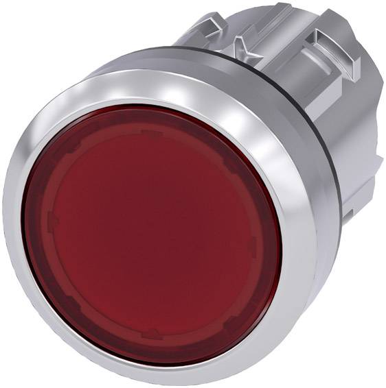 Roter, runder Druckknopf mit silbernem Rand. Typisches Design für Not-Aus-Schalter oder Maschinensteuerung.