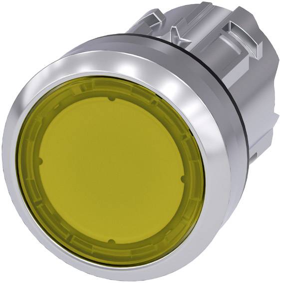 Gelber runder Druckknopf mit silbernem Rand, möglicherweise Teil eines elektronischen Bedienfelds.