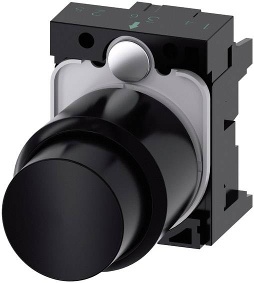 Schwarzer Druckknopf, rechteckige Basis mit silbernem Rahmen. Dient zur Steuerung in elektrischen oder mechanischen Anlagen.