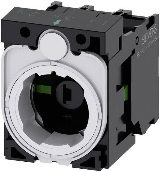 Schwarze und weiße elektrische Komponente mit einem runden Schalter, beschriftet mit 'Siemens'.