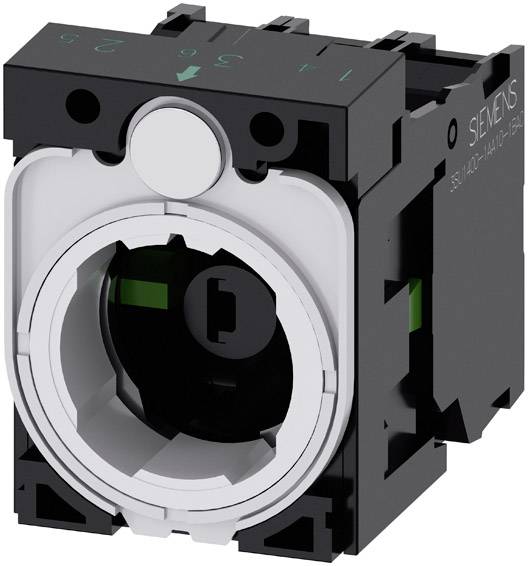 Ein schwarzes und weißes Schaltelement, quadratisch mit kreisförmiger Front, produziert von Siemens, mit grüner Markierung.