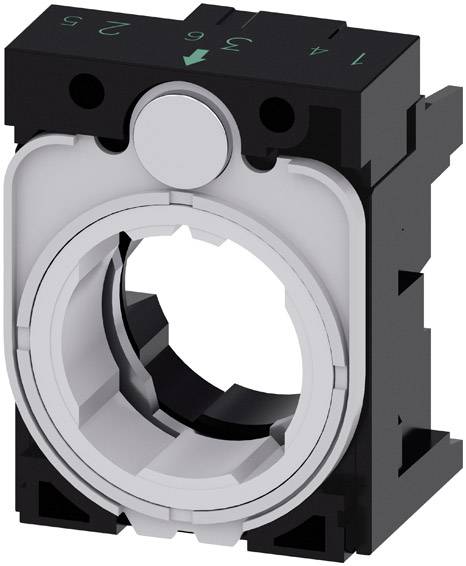 Schwarzes rechteckiges Gehäuse mit rundem Innenschacht und Beschriftungen in Grün, möglicherweise ein Teil eines Schaltersystems.