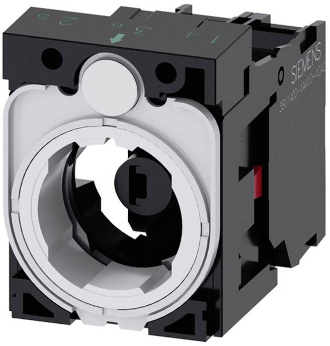 Ein schwarzer und weißer elektrischer Schalterblock, vermutlich ein Montagemodul von Siemens, mit mehreren Anschlüssen auf der Rückseite.