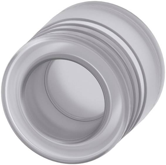 Graues, zylindrisches Kunststoffteil mit geriffeltem Wellenprofil, das eine Öffnung umgibt. Möglicherweise ein Verschluss oder Adapter.