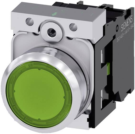 Ein grüner Drucktaster von Siemens, geeignet für industrielle Steuergeräte. Der Knopf ist rund, silbern umrandet und leuchtet hell.