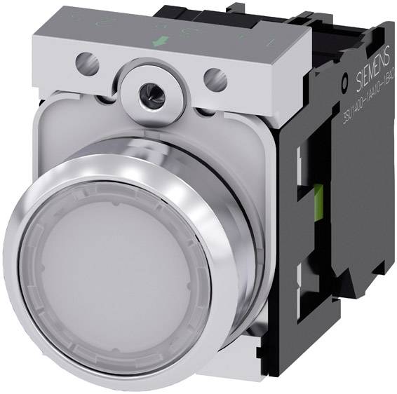 Ein runder Drucktaster von Siemens, silbern, mit schwarzer Basis, geeignet für elektrische Steuerungsanwendungen und Maschinenbedienfelder.