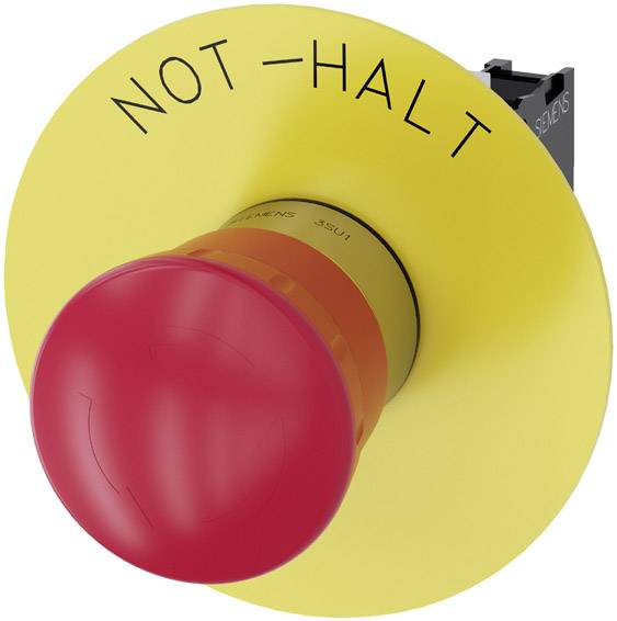 Not-Halt-Taste mit rotem Knopf, gelbem Hintergrund und der Beschriftung 'NOT-HALT'. Verwendet zur Notabschaltung von Maschinen.