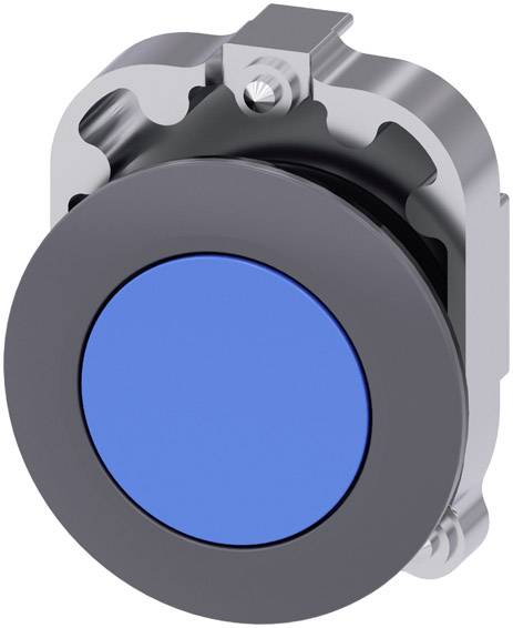 Runder blauer Knopf mit silbernem Rand, geeignet für industrielle Bedienelemente oder elektronische Steuerungselemente.