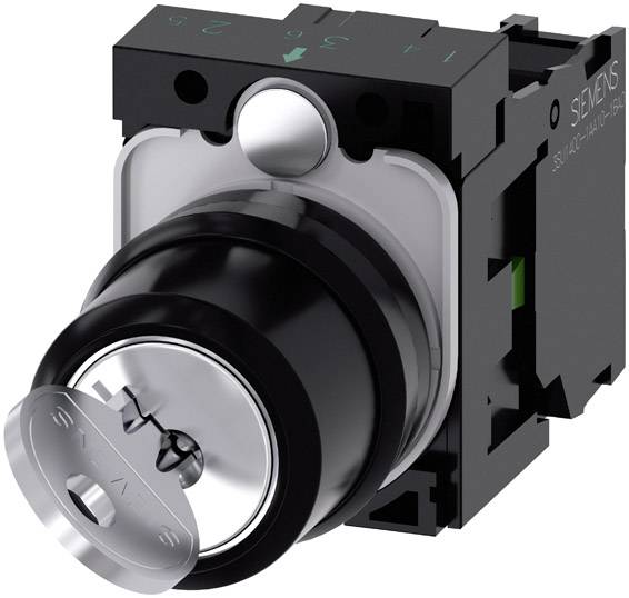 Elektrischer Schlüssel-Positionsschalter mit schwarzem Gehäuse und silbernem Zylinder. Gedacht für industrielle Steuerungssysteme.