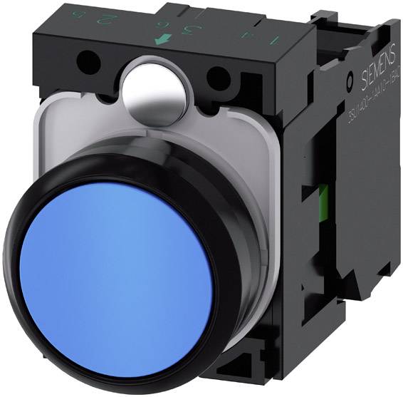 Ein runder, leuchtend blauer Drucktaster in einem schwarzen Gehäuse, typisch für elektronische Steuerungen oder Bedienfelder.