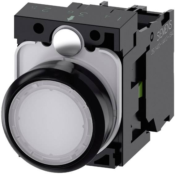 Schwarz-weißer Knopf einer elektrischen Steuerungseinheit, mit quadratischer Befestigung und kreisförmiger Taste, hergestellt von Siemens.
