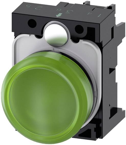 Ein grüner Drucktaster in einem schwarzen Gehäuse, geeignet zur Steuerung von Maschinen oder Geräten.