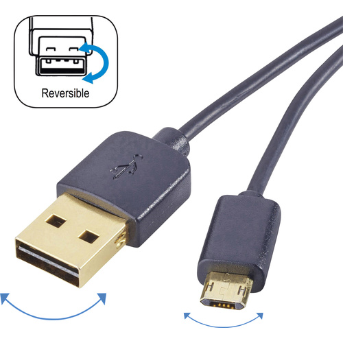 Renkforce Câble USB USB 2.0 USB-A mâle, USB-Micro-B mâle 1.00 m noir connecteur utilisable des deux cotés, contacts dorés