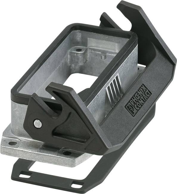 Industriegehäuse aus Metall und Kunststoff, von Phoenix Contact, mit schwarzem Scharnierdeckel. Für elektrische Verbindungen verwendet.