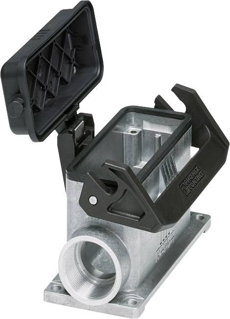 Metallisches Anschlussgehäuse mit offenem schwarzen Deckel und zwei seitlichen Verriegelungen für industrielle Steckverbindungen.