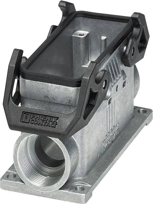 Industrie-Steckverbinder-Gehäuse mit rechteckiger Form, schwarzen Verschlüssen und rundem Anschluss, verwendet zur elektrischen Verbindung.