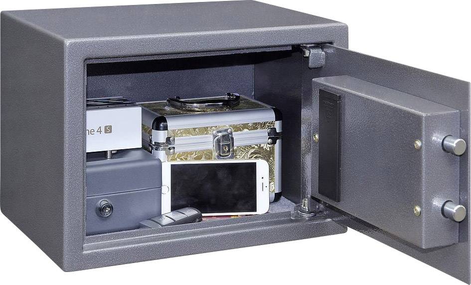 Offener Tresor mit einem Smartphone, kleiner Box, USB-Stick und Schmuckkästchen. Geeignet zur Aufbewahrung von Wertsachen.