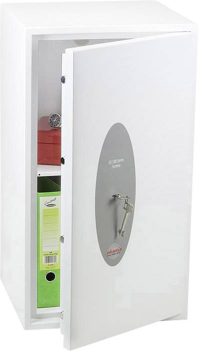 Ein geöffneter Tresor mit weißen Tür, sichtbar sind darin eine grüne Aktenmappe, rote Boxen und ein Bündel Euroscheine auf einem Regal.