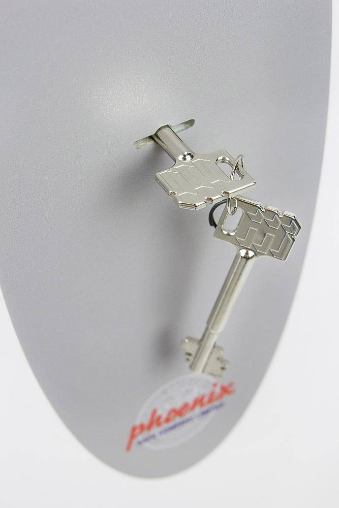 Schlüssel stecken in einem phönixförmigen Schlüsselhalter an einer silbernen Oberfläche.