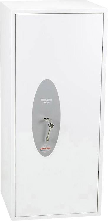 Ein weißer Tresor mit ovalem Griffbereich, darauf steht 'Phoenix'. Zwei Schlüssel hängen im Schloss.