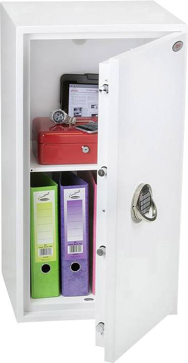 Geöffneter weißer Tresor mit gezeigtem Inhalt: rote Geldkassette, Ordner in verschiedenen Farben und ein Tablet.